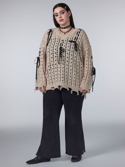 Cider - Knit V Neck Bowknot Hollow Out Ripped Long Sleeve Top Curve & Plus