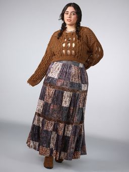 Cider - Knit Round Neckline Hollow Out Long Sleeve Crop Top Curve & Plus