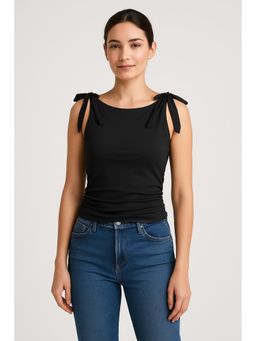 Cider - Jersey Scoop Neckline Solid Bowknot Ruched Crop Tank Top