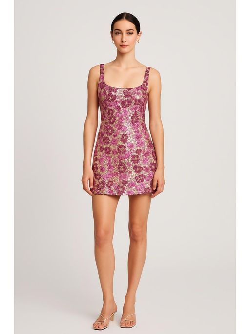 Buy Cider Floral Sequin Scoop Neckline Split Mini Dress (XXS) Online