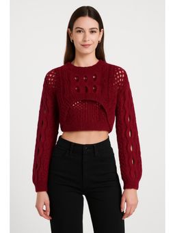 Cider - Knit Round Neckline Hollow Out Long Sleeve Crop Top