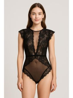Cider - Lace Round Neckline Solid Cut Out See-through Bodysuit