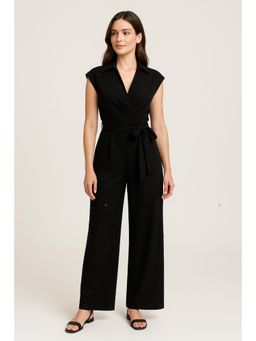 Cider - Collar Solid Pocket Wide Leg Jumpsuit With Belt