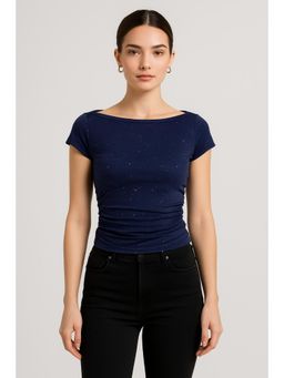 Cider - Boat Neck Rhinestone Ruched Short Sleeve Tee
