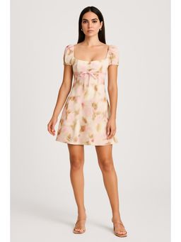 Cider - Mesh Square Neck Floral Knotted Mini Dress
