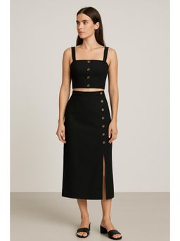 Cider - Linen Square Neck Button Crop Top With High Rise Button Split Maxi Skirt