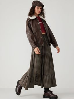 Cider - Elastic Waist Check Knotted Tiered Maxi Skirt