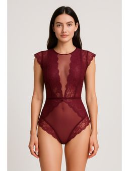 Cider - Lace Round Neckline Solid Cut Out See-through Bodysuit