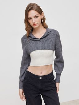 Cider - Knit Collar Solid Long Sleeve Crop Top & Solid Cami Top