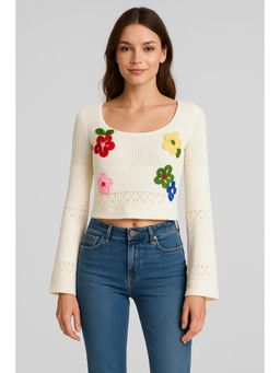 Cider - Knit Floral Square Neck Crop Long Sleeve Tops