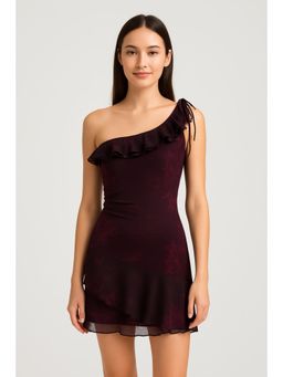 Cider - Mesh Asymmetrical Neck Floral Ruffle Hem Ruched Knotted Mini Dress