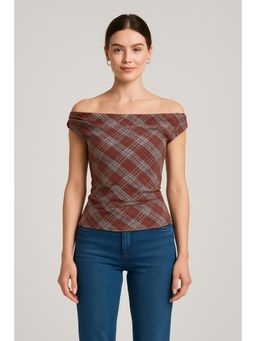 Cider - Off-shoulder Tartan Ruched Crop Top