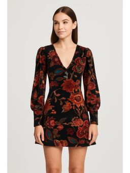 Cider - Velvet V-neck Floral Mini Dress