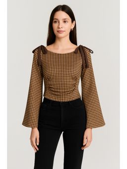 Cider - Boat Neck Gingham Bowknot Ruched Long Sleeve Top