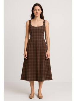 Cider - Square Neck Check Pleated Zipper Maxi Dress