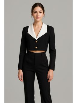 Cider - Collar Solid Button Crop Long Sleeve Blazer