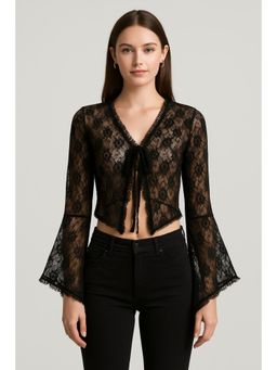 Cider - Lace V-neck Solid See-through Long Sleeve Top
