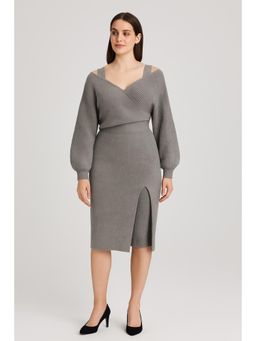 Cider - Knitted V-neck Solid Split Lace Midi Dress Curve & Plus