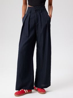 Cider - Mid Waist Striped Pleated Button Trousers