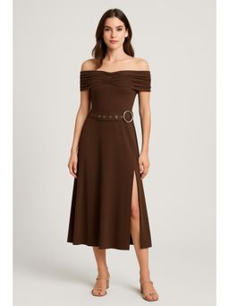 Cider - Off-shoulder Solid Ruched Split Maxi Dress With Belt