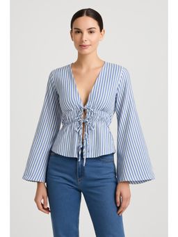 Cider - Cotton-blend V-neck Striped Knotted Shirred Long Sleeve Blouse