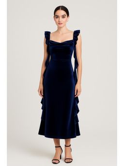 Cider - Velvet Cowl Neck Solid Ruffle Hem Maxi Dress