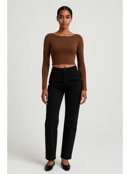 Cider - Second Skin Double Layered Boat Neck Solid Crop Long Sleeve Tee