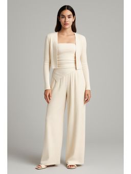 Cider - 3pcs Solid Cardigan & Ruched Tube Top & Mid Rise Elastic Waist Wide Leg Trousers Set