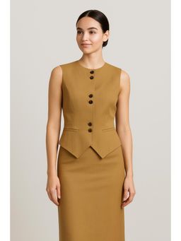 Cider - Cotton-blend Round Neckline Solid Button Vest & Mid Rise Solid Midi Skirt Set