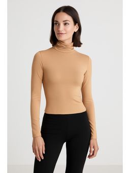 Cider - Second Skin Double Layered High Neck Solid Ruched Long Sleeve Crop Tee
