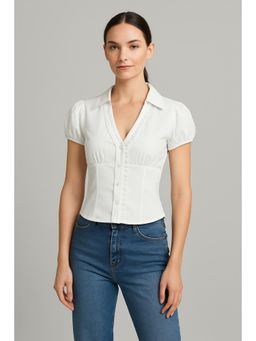 Cider - 100% Cotton V-neck Check Button Short Sleeve Blouse