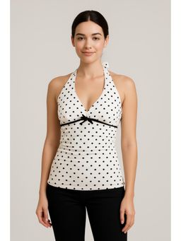 Cider - V-neck Halter Polka Dot Bowknot Ruched Top