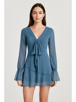 Cider - Mesh Solid Knotted Long Sleeve Mini Dress
