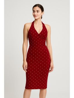 Cider - Cotton-blend Halter Neckline Polka Dot Ruched Midi Dress