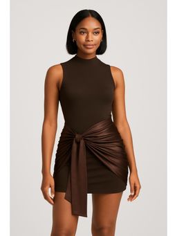 Cider - High Neck Ruched Knotted Mini Dress
