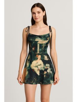 Cider - Jersey Square Neck Oil Painting Print Knotted Mini Dress