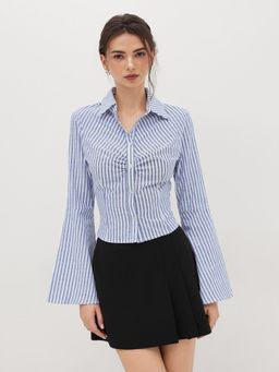 Cider - Cotton-blend Collar Stripe Ruched Bell Sleeve Shirt