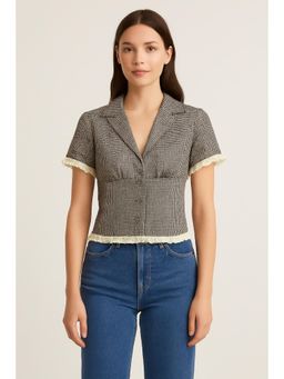 Cider - Cotton-blend V-neck Gingham Lettuce Trim Broderie Anglaise Blouse