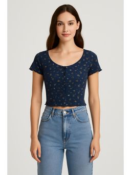 Cider - 100% Cotton Pointelle U-neckline Floral Lettuce Trim Short Sleeve Top