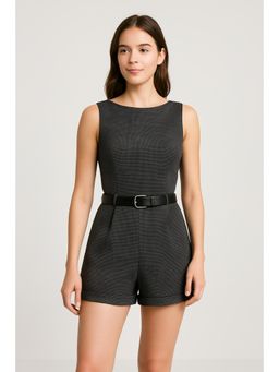 Cider - Boat Neck Houndstooth Romper With Belt