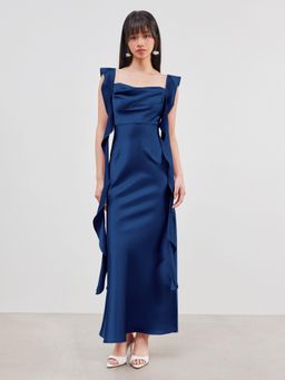 Cider - Satin Cowl Neck Solid Ruffle Hem Maxi Dress