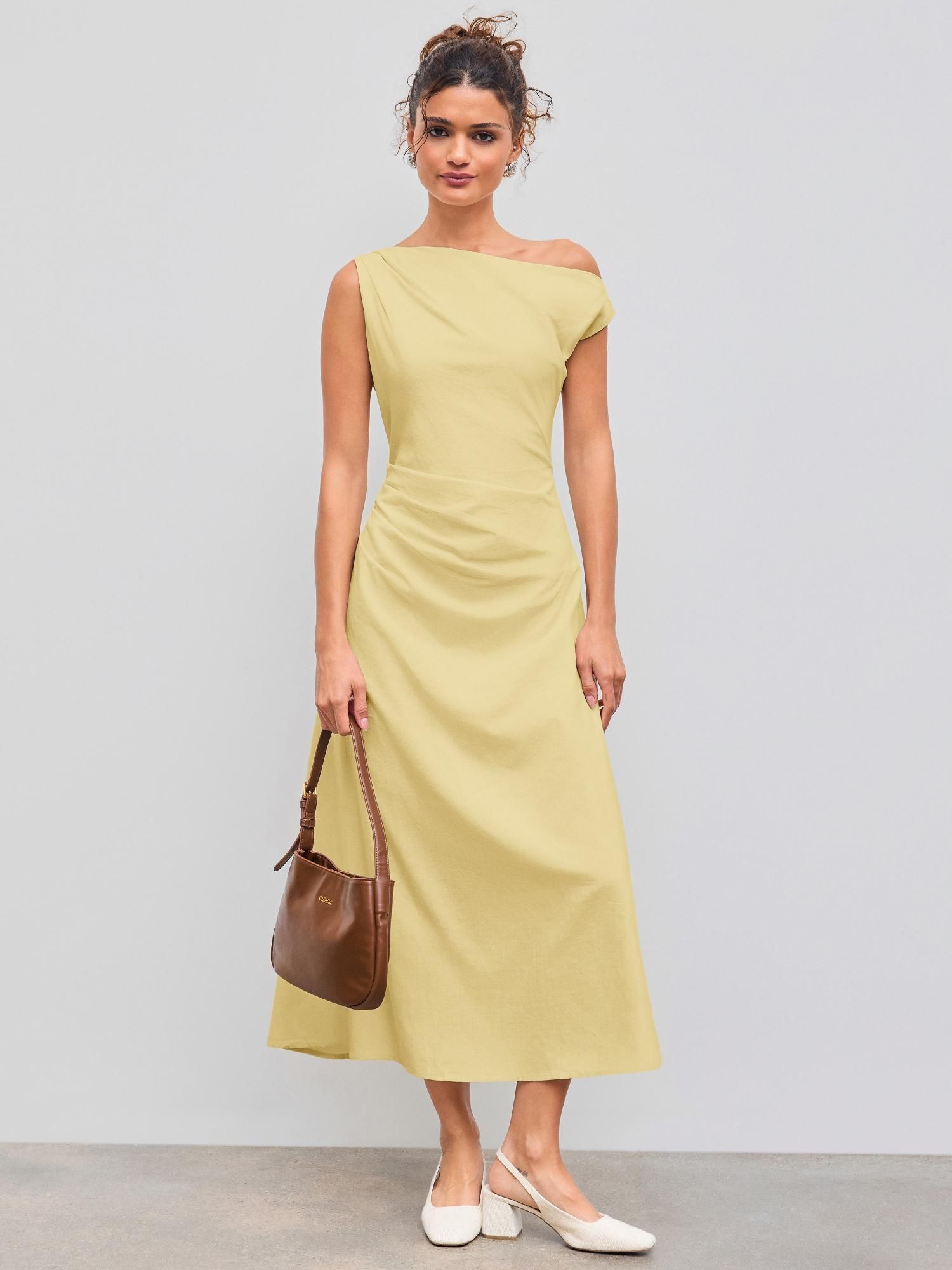 Asymmetrical Neck Solid Ruched Maxi Dress-image-6