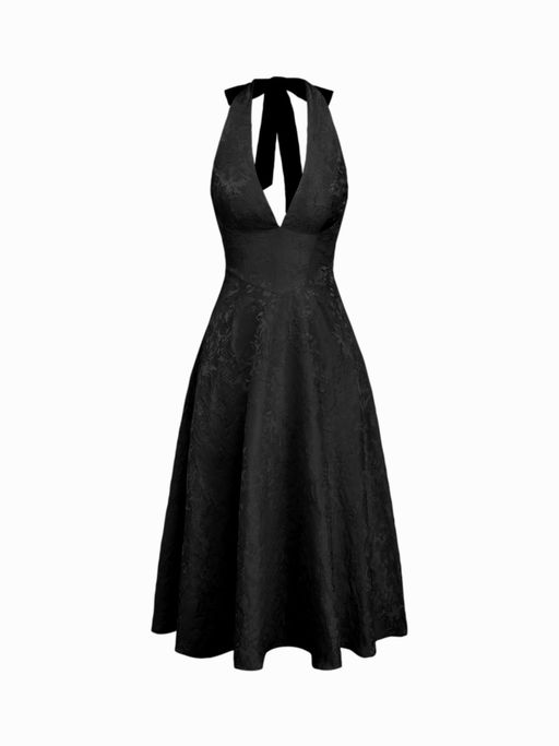jacquard halter neckline floral lace up maxi dress Chic Jacquard Halter Sleeveless Neckline Floral Lace Up Maxi Dress – Koutun  Dress main image 0
