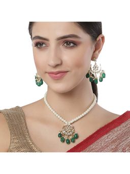 Karatcart - Gold Plated Green Tumble Moon Shape Kundan Neckalce Set for Women (Set of 2)