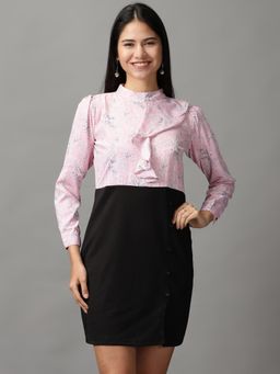 SHOWOFF - Womens Round Neck Mini Pink Printed Dress