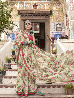 Odette - Beige Georgette Floral Printed Saree with Unstitched Blouse