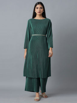 W - Deep Green Pleated Kurta-parallel Pants Set (Set of 2)
