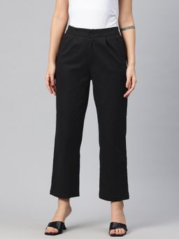Twenty Dresses by Nykaa Fashion - Womens Black Cotton Pleated Parallel Casual Trouser