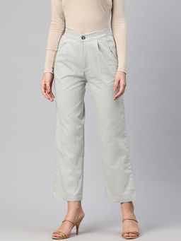 Twenty Dresses by Nykaa Fashion - Womens Grey Cotton Pleated Parallel Casual Trouser