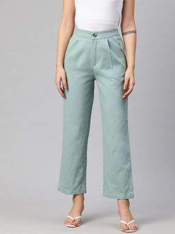 Twenty Dresses by Nykaa Fashion - Womens Green Cotton Pleated Parallel Casual Trouser